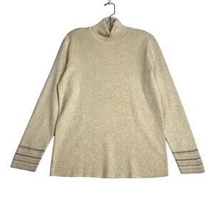 Chicos Classic Turtleneck With Metallic Stripe Cuffs Long Sleeve Tan 2 Large